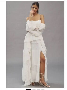 BHLDN Removable Sleeve Lace Chiffon Ruffled Pleated Wedding Maxi Dress 12